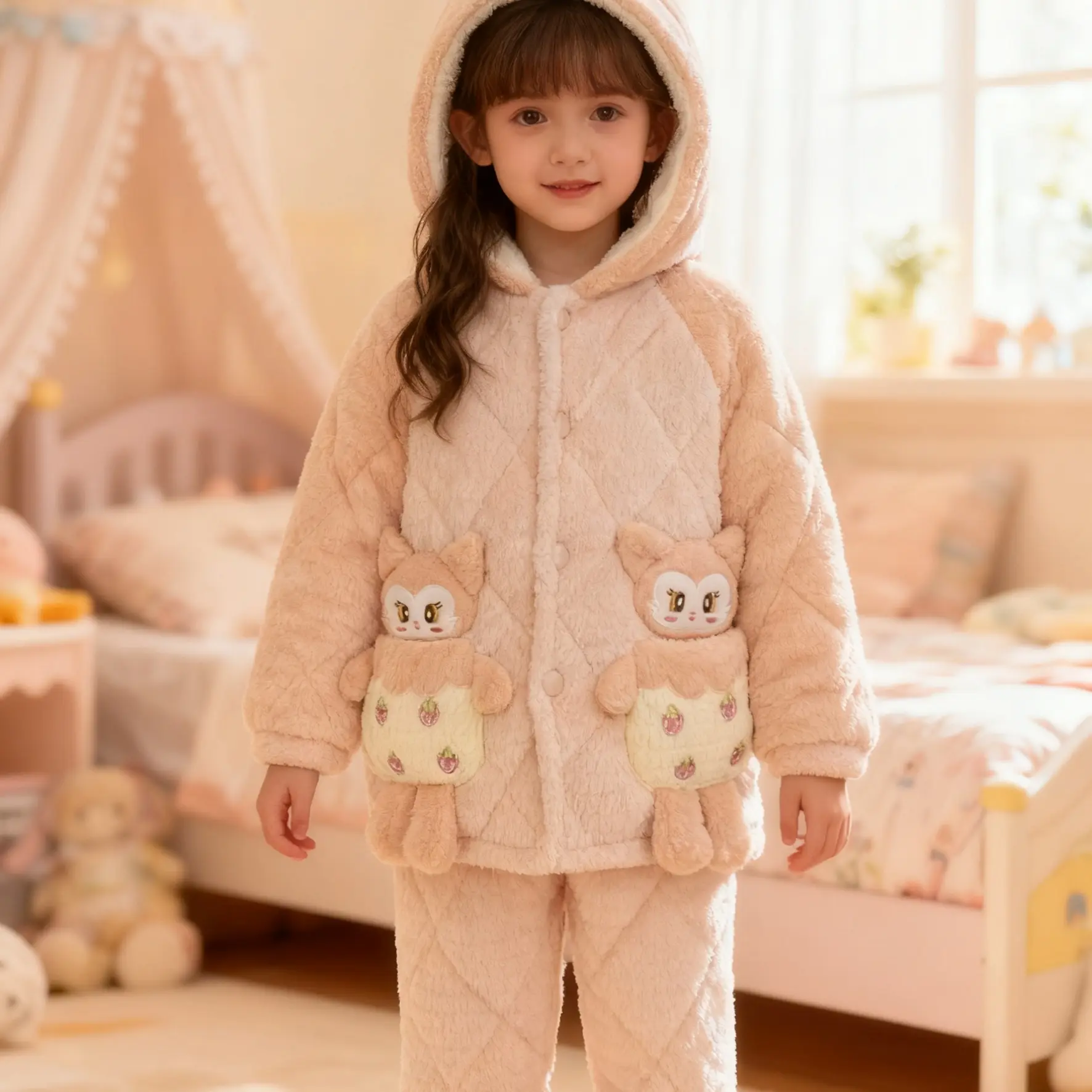 女童三层夹棉法兰绒冬季加绒加厚卡通连帽家居服儿童睡衣套装保暖