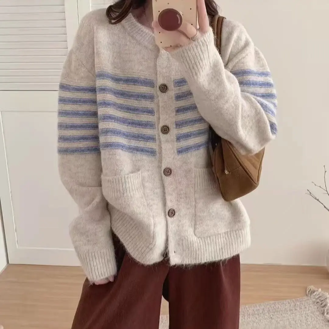 Wanggg【条纹系列】毛针织衫毛衣撞色针织衫女短款韩版ins针织开衫