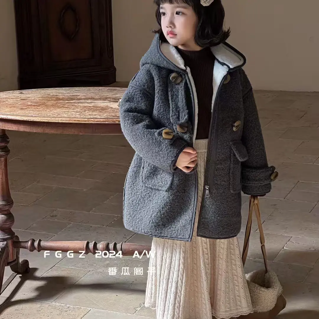女童双面双穿纯手工绵大衣冬季洋气连帽毛呢外套中长款