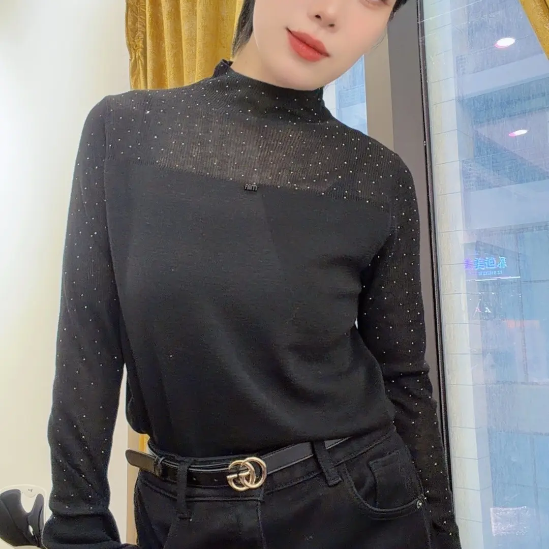 立领烫钻显瘦百搭透气保暖针织衫女装秋冬打底衫