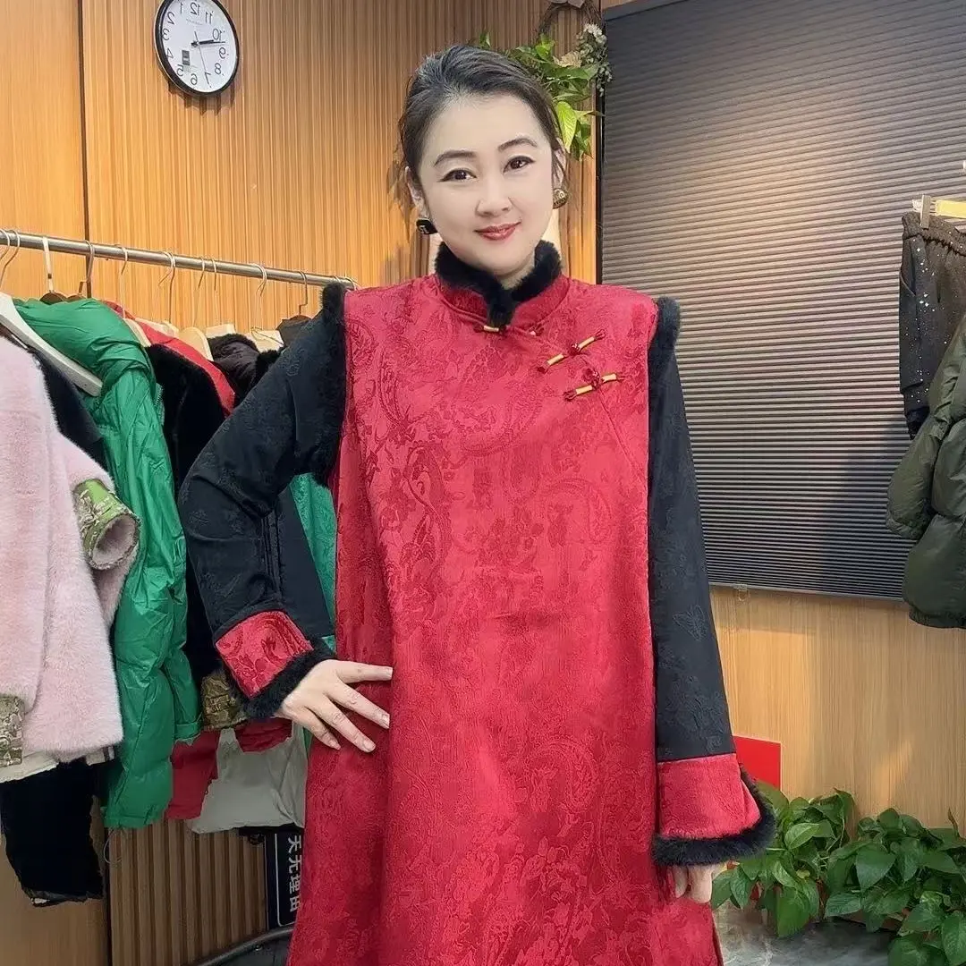 新中式加绒暗花马甲拼接袖口显瘦国风时尚套装