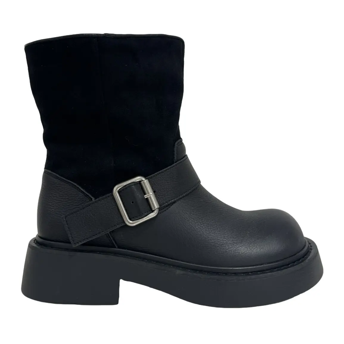 黑色时尚粗跟圆头真皮舒适低跟西部靴百搭新款短靴