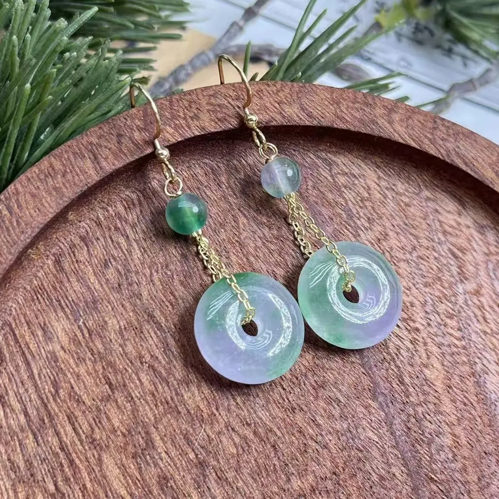 冰透飘绿花翡翠平安扣耳饰 经典复古时尚女必备058