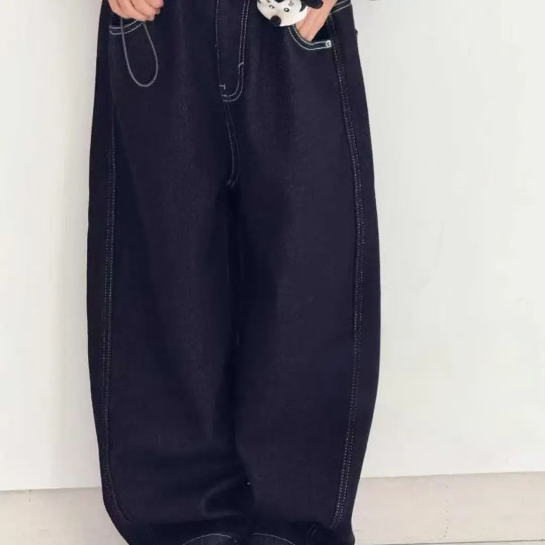 糖依果家 冬季一体绒加绒宽松百搭直筒牛仔裤