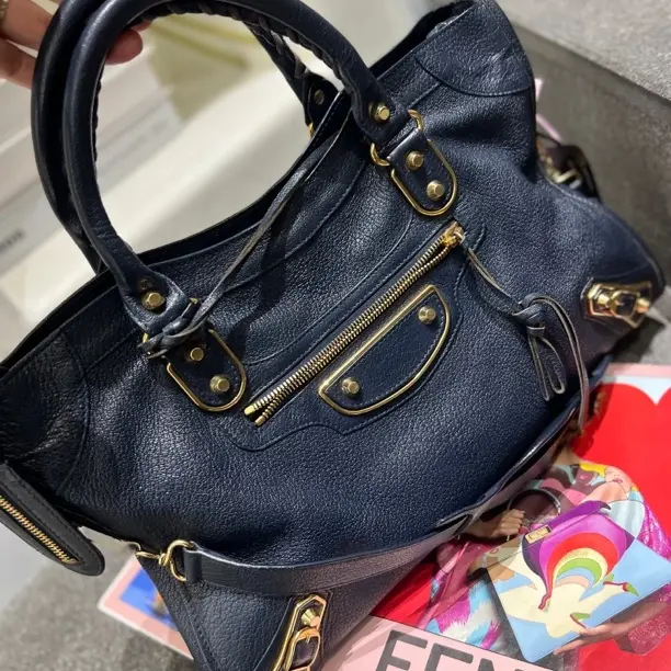 95新 Balenciaga/巴黎世家 LeCity包包蓝色复古机车单肩手提包