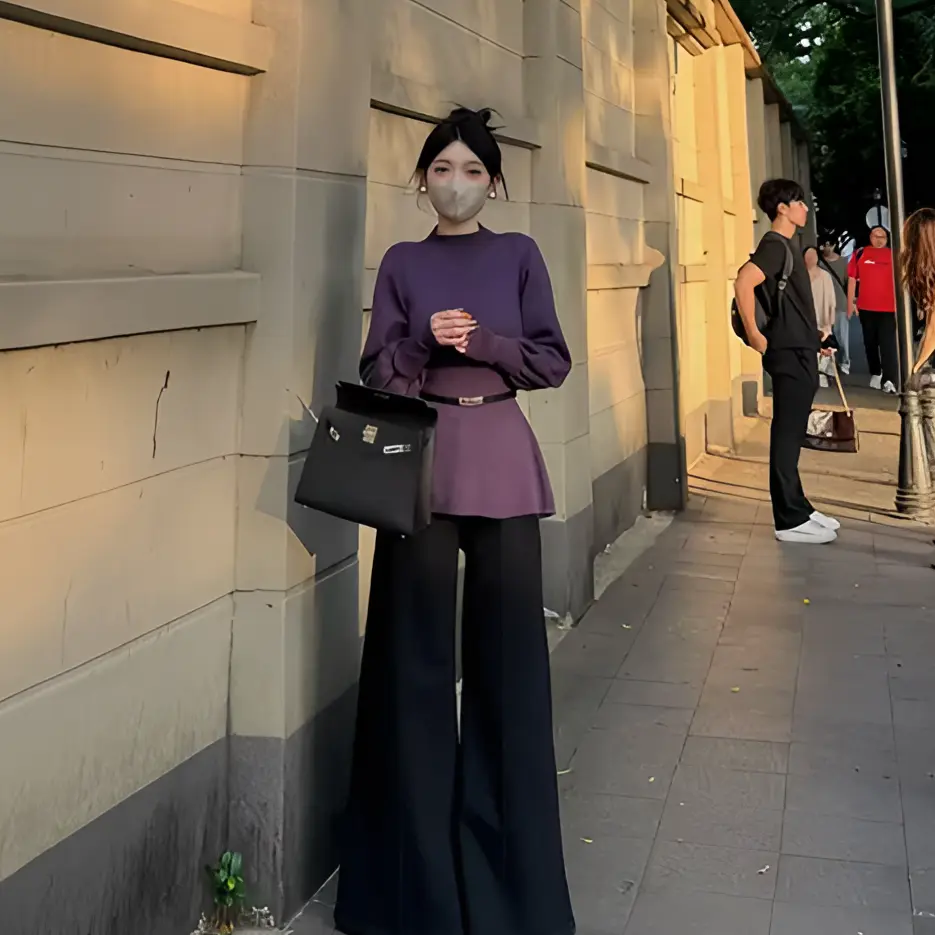 【配腰带】法式半高领灯笼袖毛衣针织衫女秋冬独特紫色收腰气质上衣