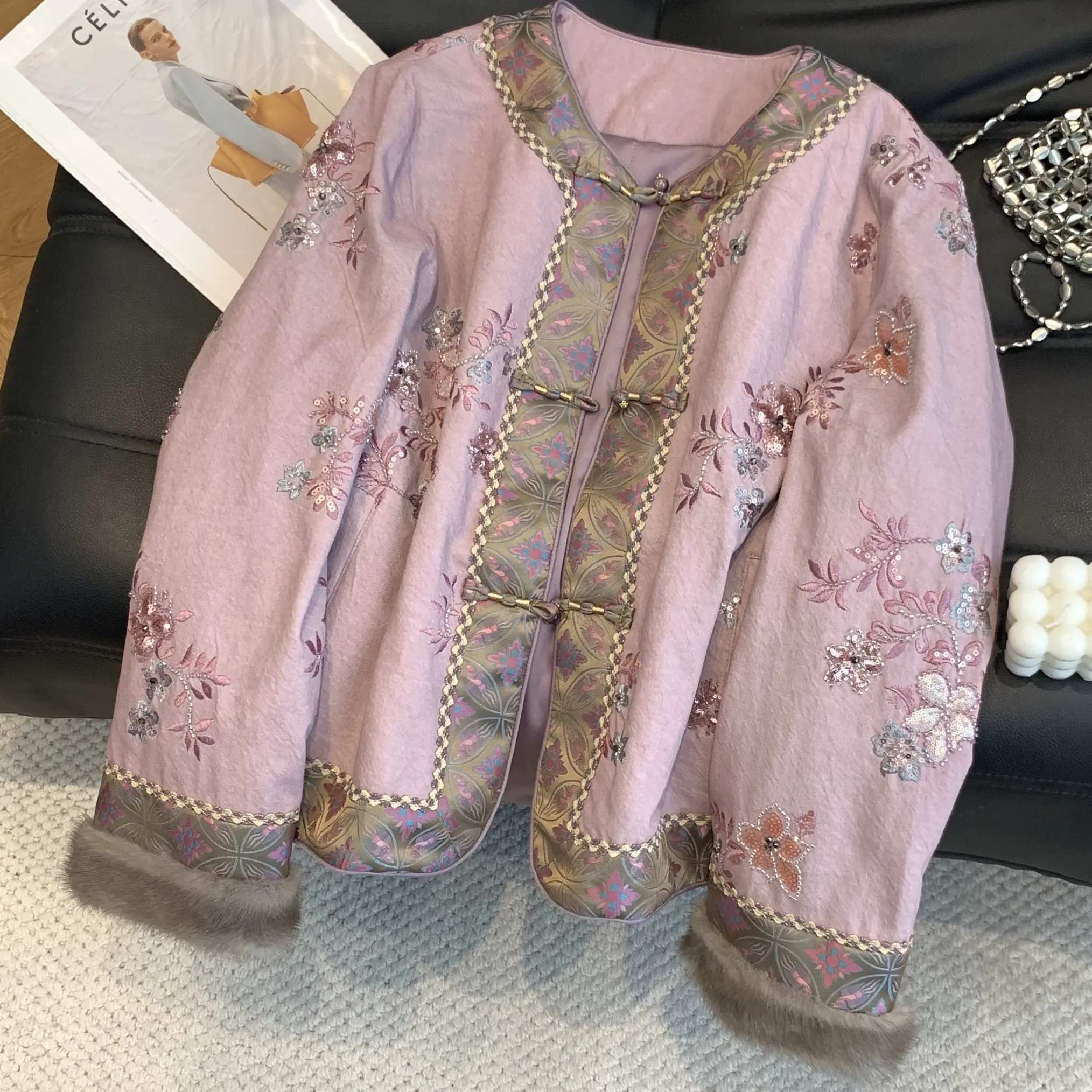 MZNM63110 重工满绣古风新中式复古显瘦桑蚕丝棉服冬盘扣国风上衣