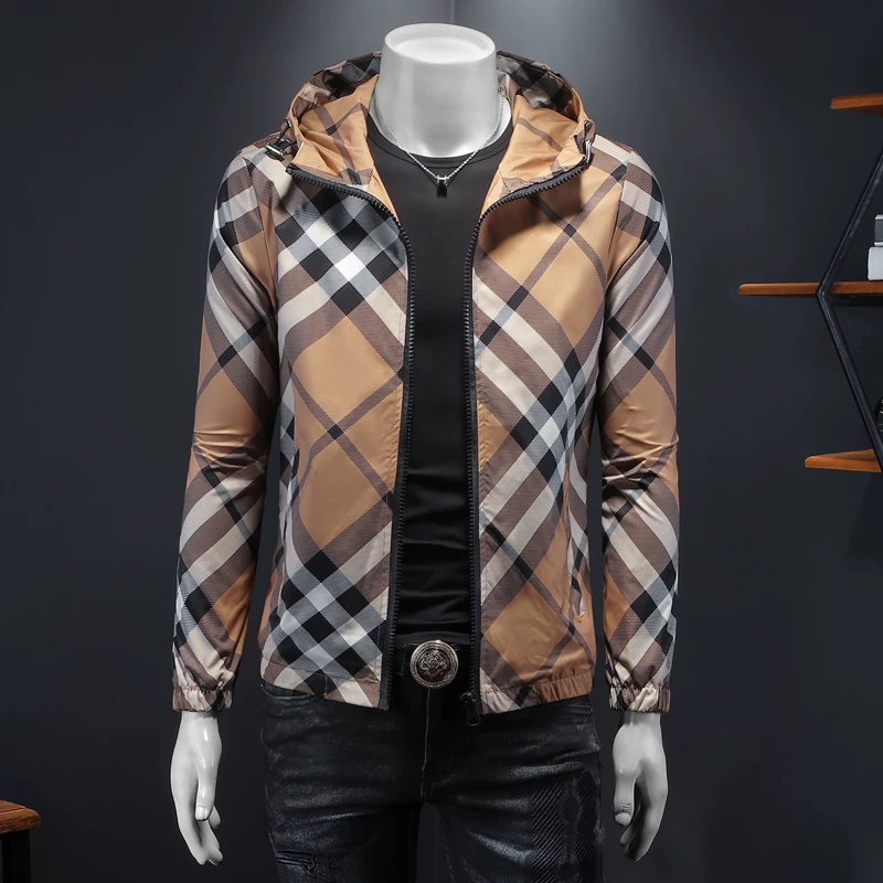 欧洲站男春秋季印花格纹男装青年夹克外套男士潮牌春秋季大码上衣
