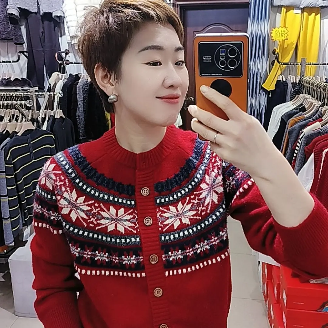 冬季新款费尔岛提花圆领纽扣针织开衫毛衣外套