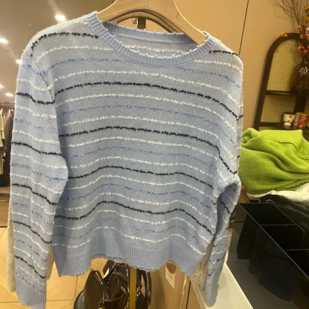 福利款不退不换欧若风绵混纺拼接圆领毛衣女慵懒风宽松套头针织衫