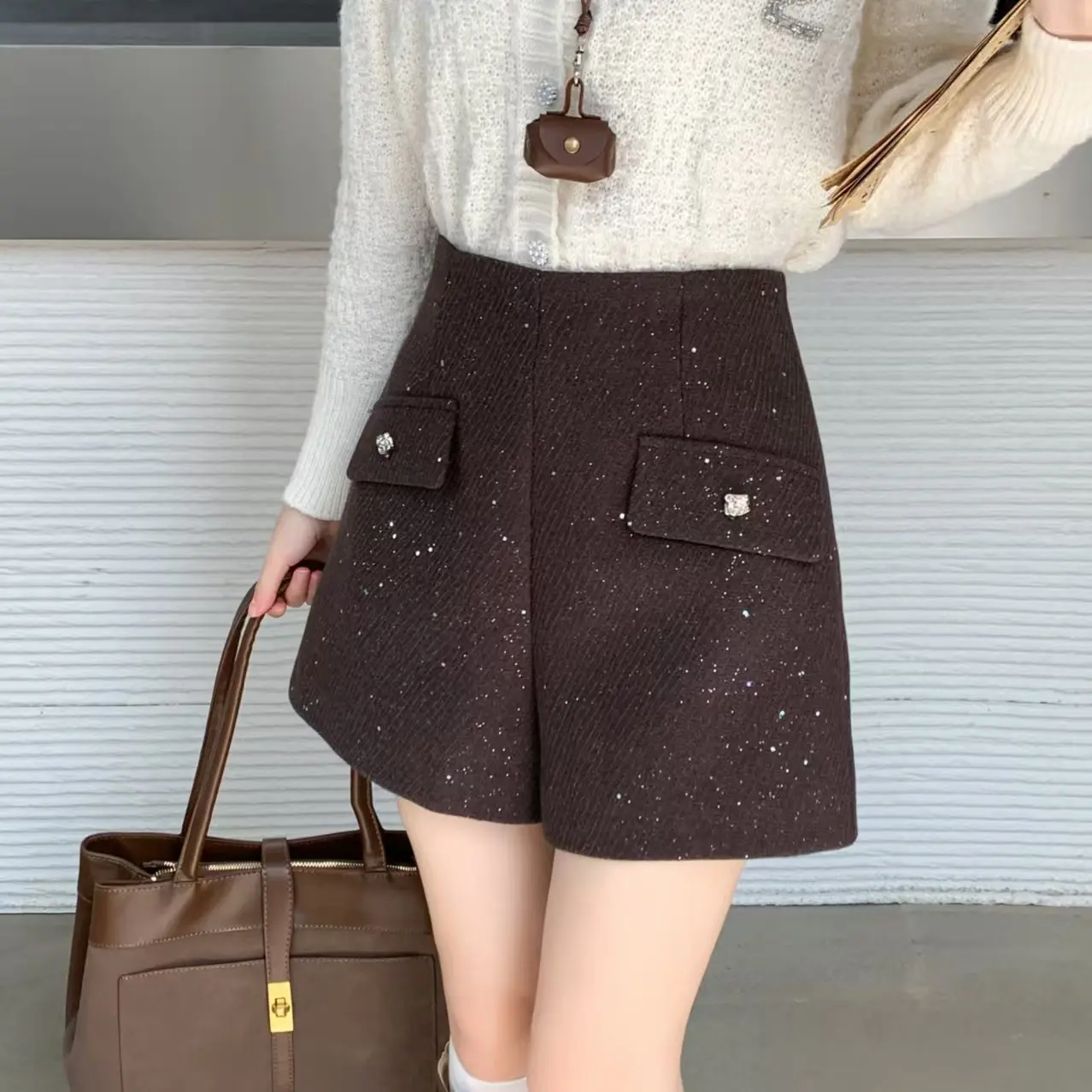 小香风亮片毛呢高腰显瘦秋冬阔腿短裤