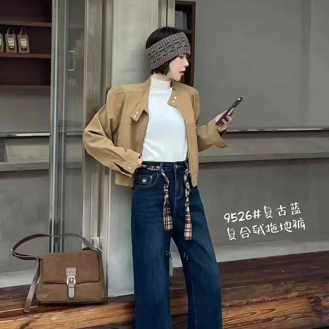 9526高腰加绒加厚休闲风显瘦阔腿牛仔裤女秋冬季百搭长裤