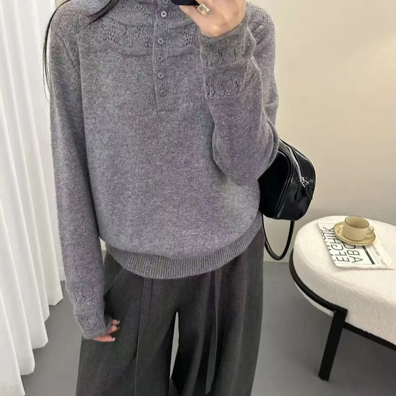 羊毛半开高领针织打底衫女秋冬时尚宽松上衣004