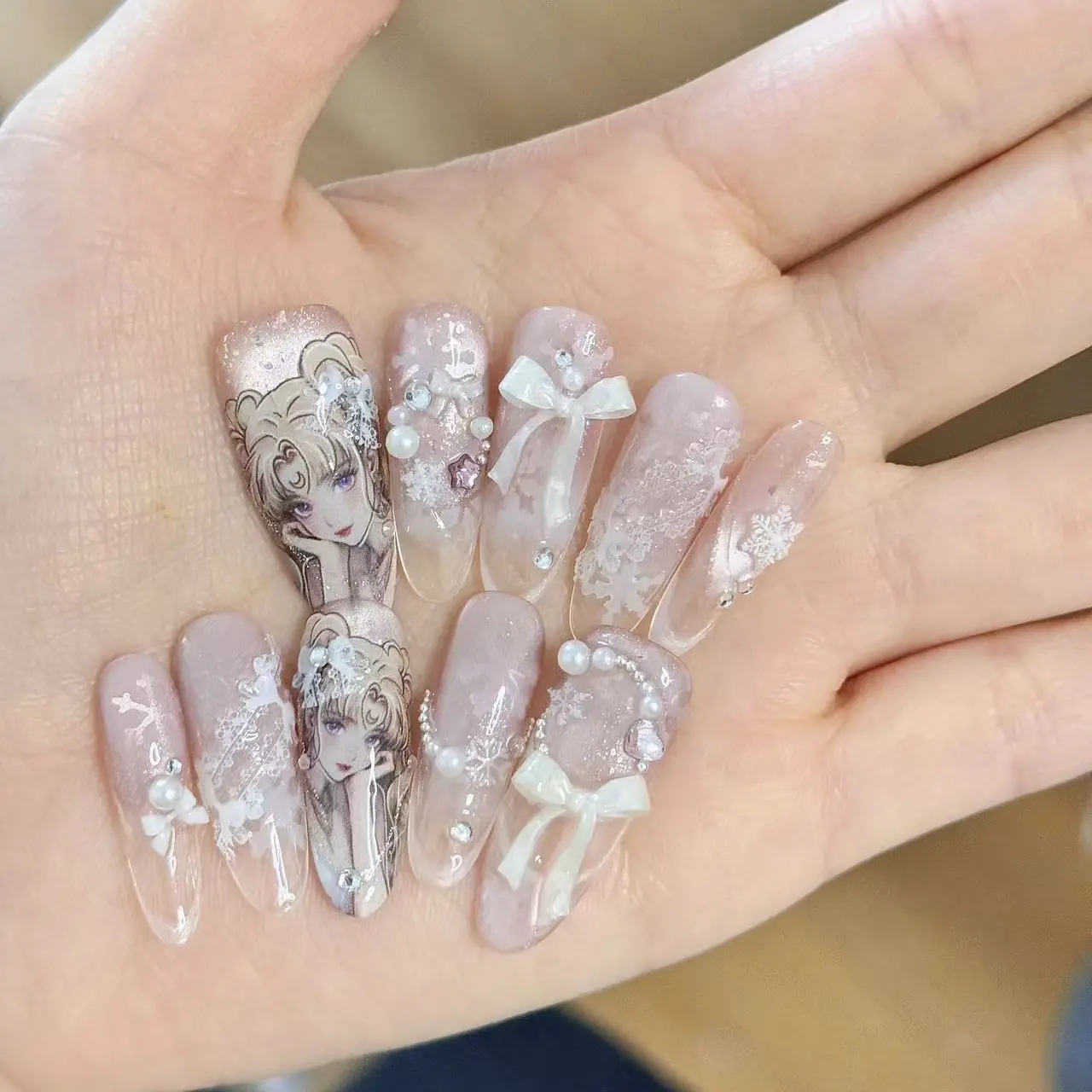 手工甜美少女风蝴蝶结穿戴甲