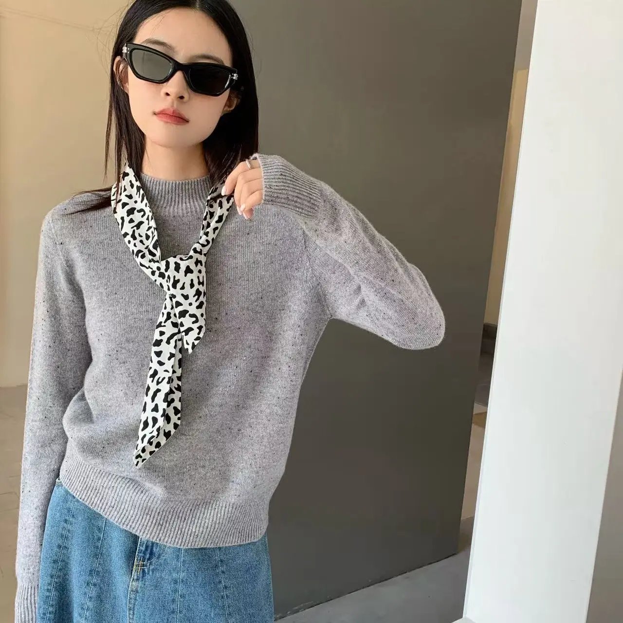 半高领点子纱欧货88238秋冬无缝全羊毛针织衫女宽松显瘦百搭打底