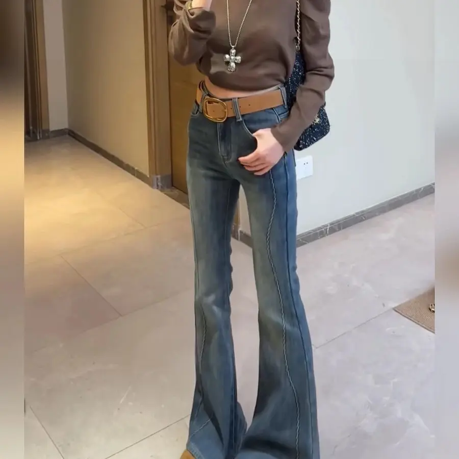 复古高腰微喇牛仔裤女秋冬大码显瘦修身弹力喇叭马蹄裤子8631