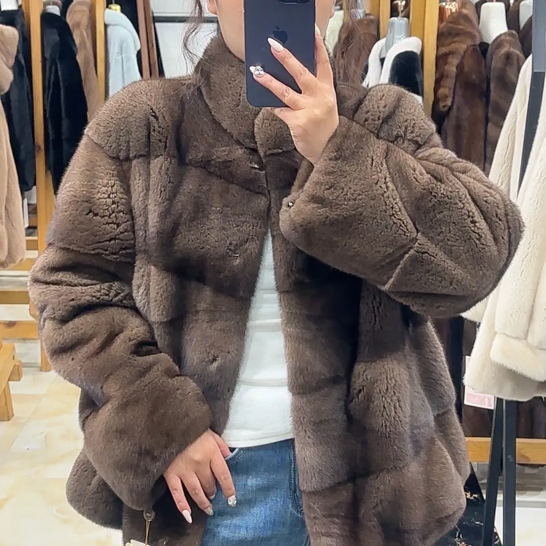 姐弟家秋冬季天鹅绒整貂立领时尚气质款草外套