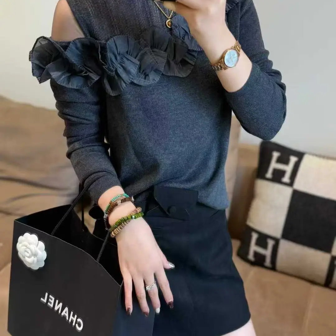 女蕾丝拼接半高领毛针织衫长袖时尚百搭显瘦秋季新款上衣潮