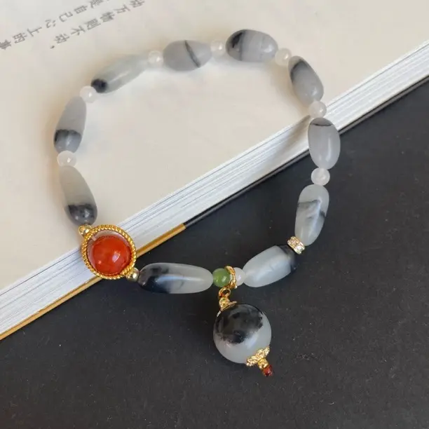 新中式精品新疆和田玉青花随型手串文艺个性手饰 黑白意境