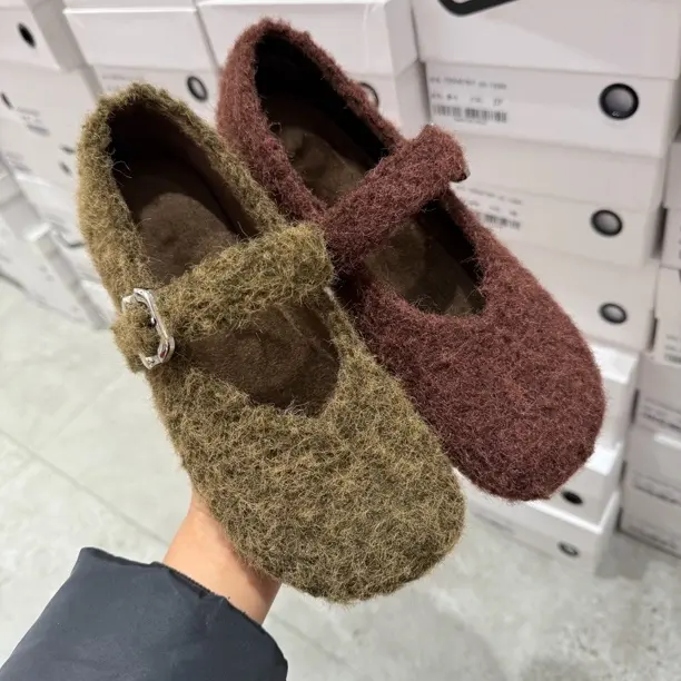 秋季加绒保暖毛毛鞋浅口复古玛丽珍单鞋平底软底韩版女鞋