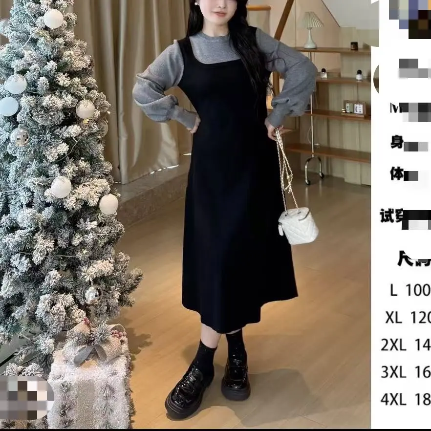 正品现货-【南法假日】冬季保暖加厚百搭假两件拼接大码显瘦连衣裙