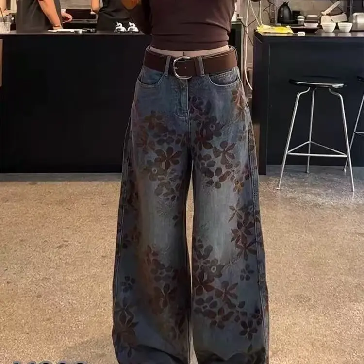 1308高腰宽松显瘦秋冬提花弯刀阔腿牛仔裤女