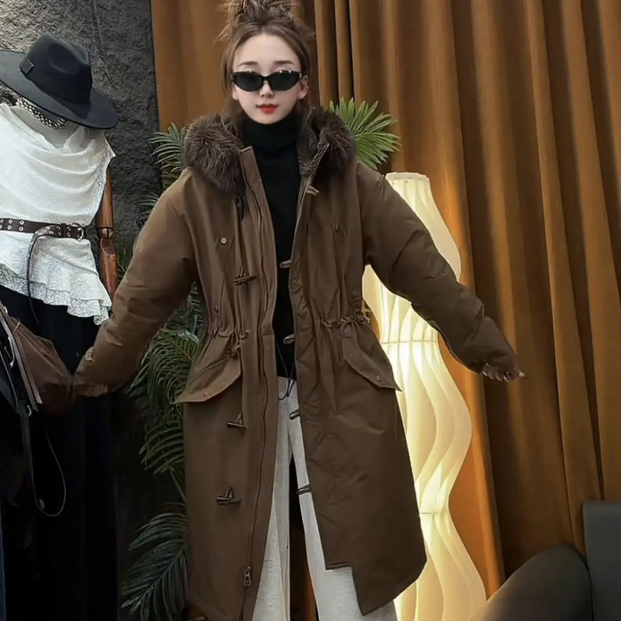 冬季中长款羽绒服 3377厚款韩版加绒加厚款连帽气质棉服派克服