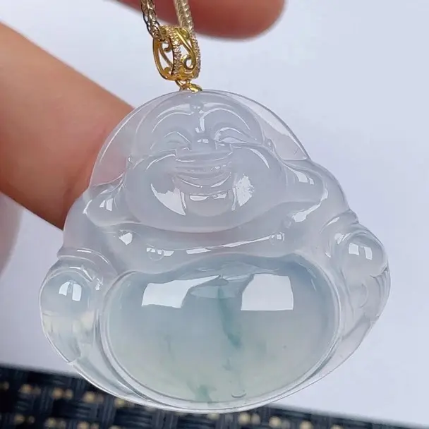 缅甸天然翡翠A货冰种飘花大佛公吊坠尺寸336.6×33.8×6.9