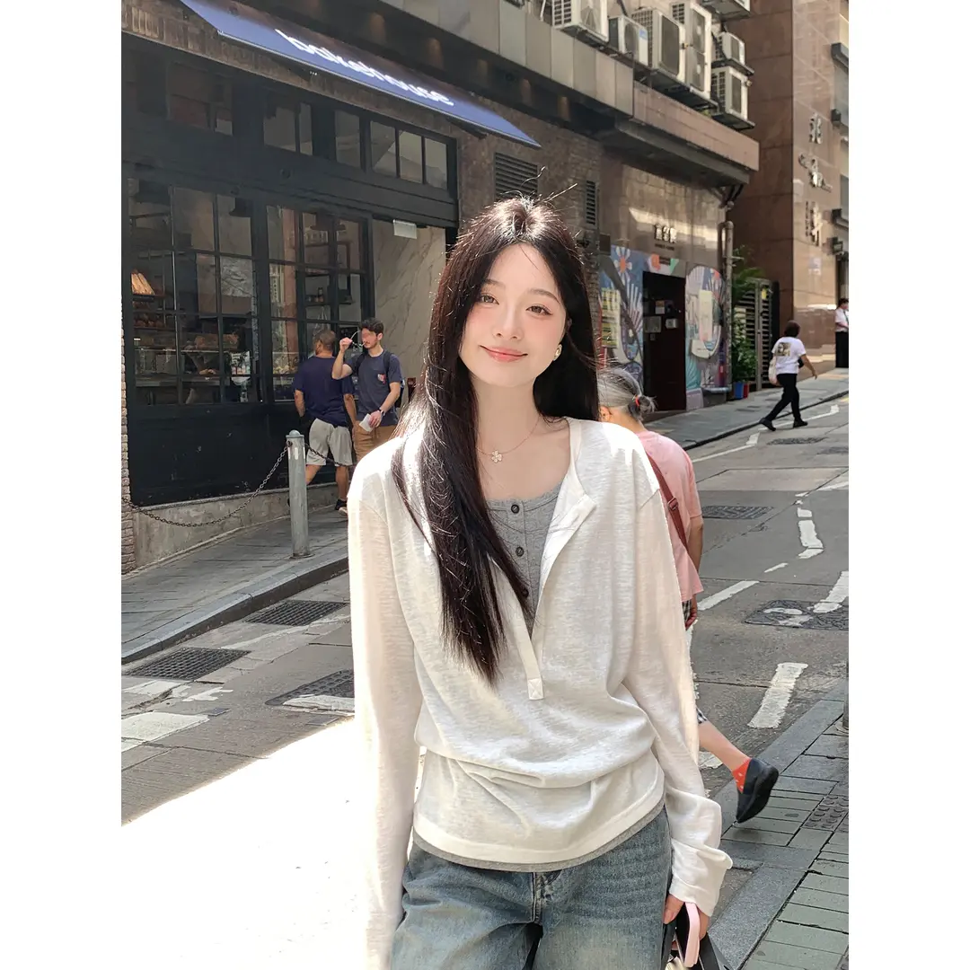 M-4XL雪花棉大码胖mm撞色假两件长袖T恤女秋装休闲慵懒风显瘦上衣