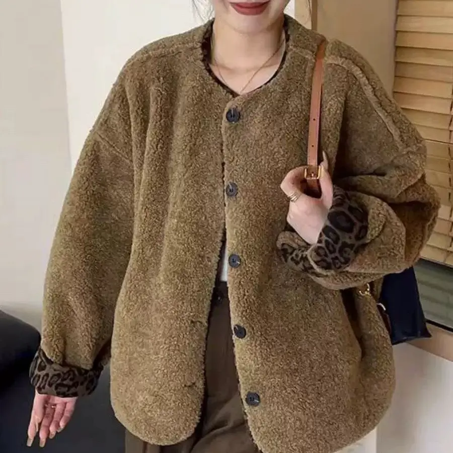 韩版宽松短款豹纹内里羊羔毛外套女冬季加厚保暖