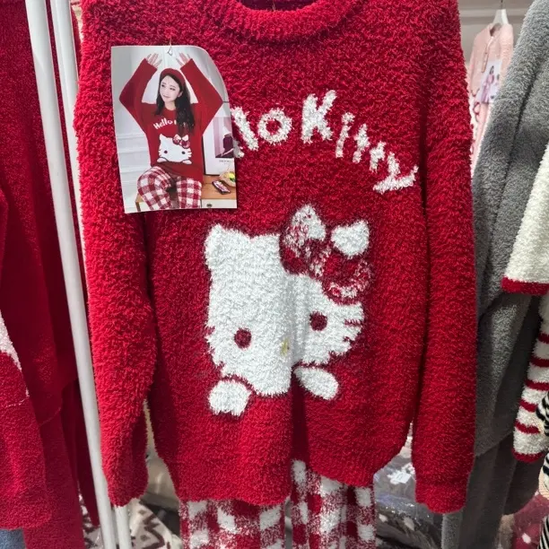 可爱凯蒂猫红色半边绒睡衣女冬季加厚保暖可外穿家居服