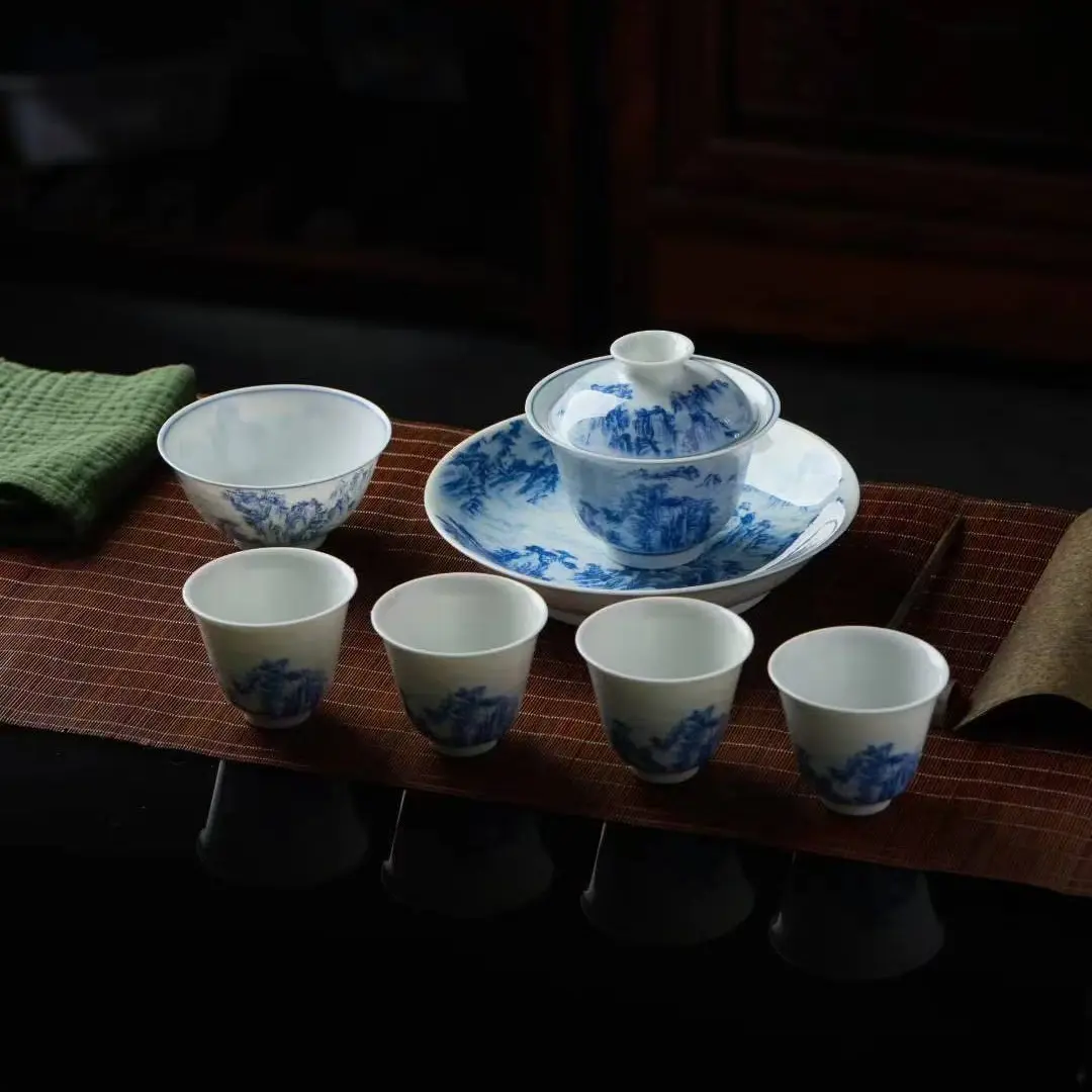 实物巨美高温安全釉下青花复古山水三才盖碗套组功夫茶具