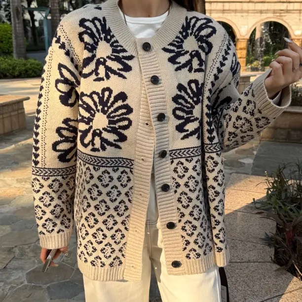 冬季慵懒风提花针织开衫女复古宽松大码毛衣外套高级感