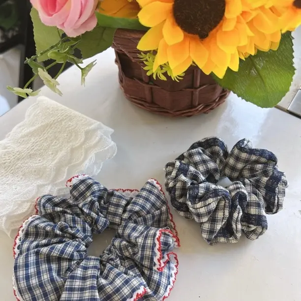 复古藏青格纹蕾丝爱心大肠发圈女高级感气质扎头发百搭秋冬发饰