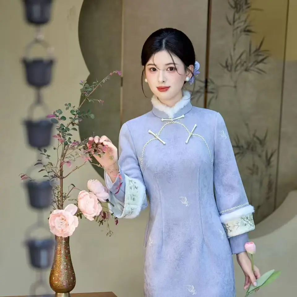 《雅韵》新中式国风加绒加厚冬季旗袍裙显瘦气质少女款
