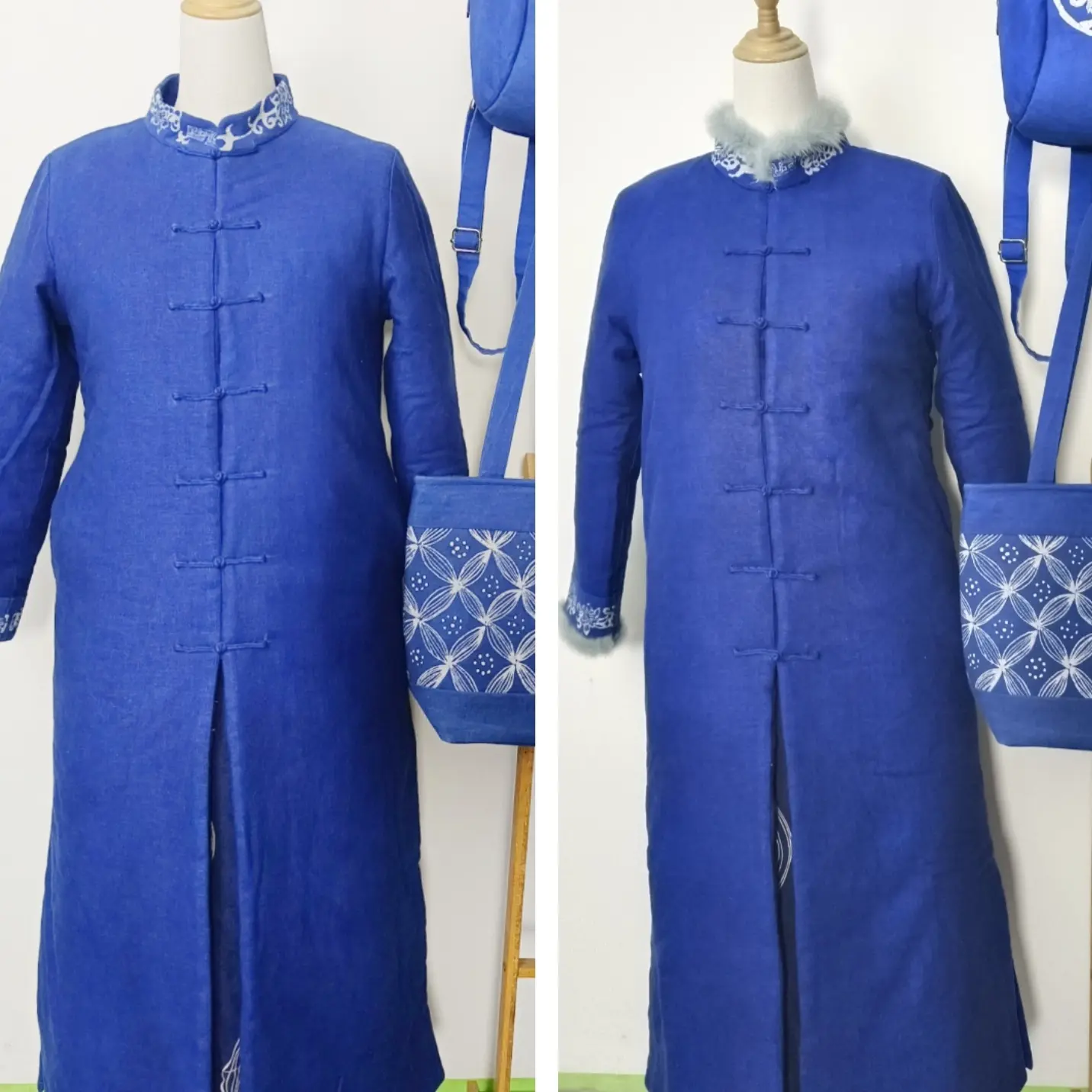 新款加厚亚麻提花新中式中长款冬季保暖棉服外套