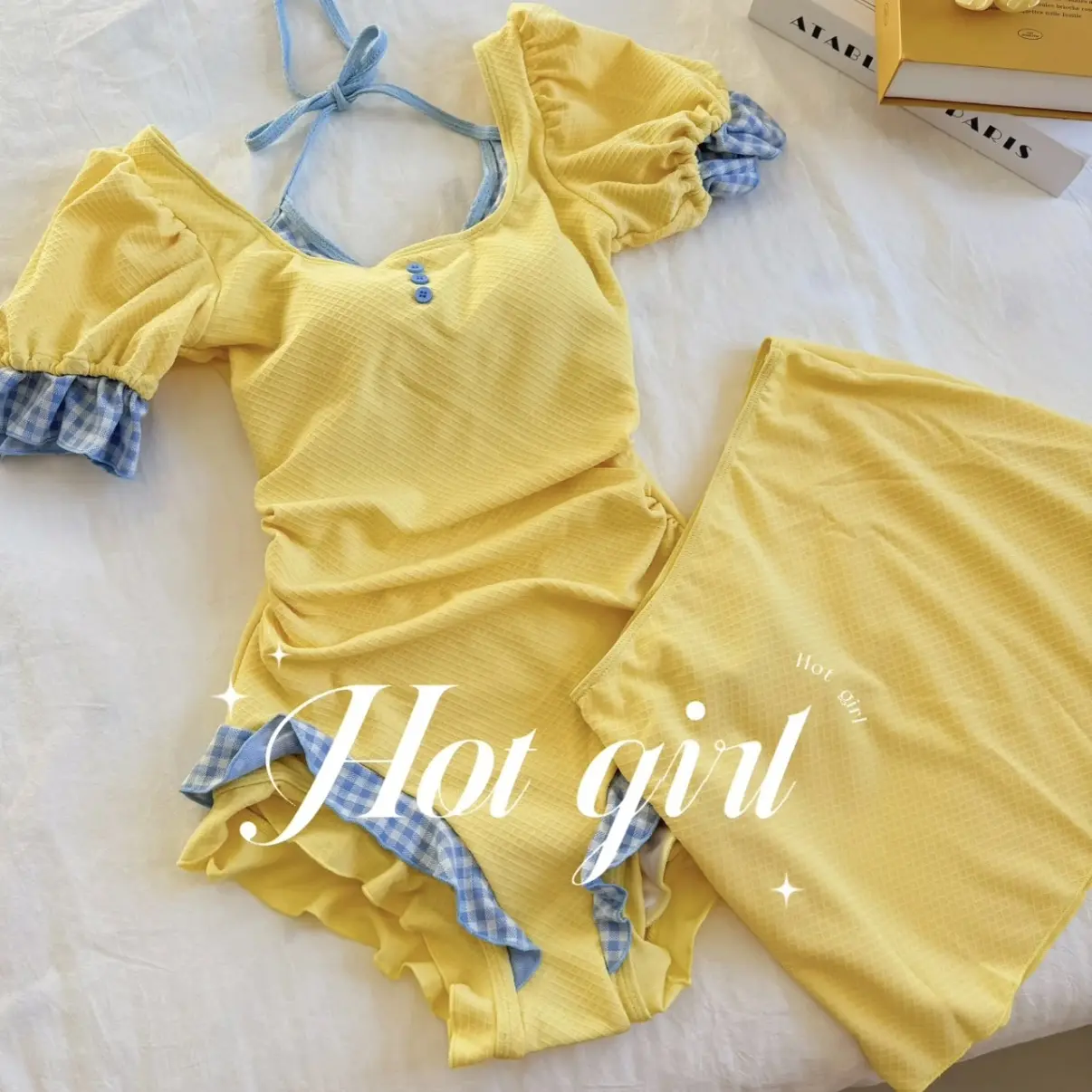 新款泡泡袖多巴胺纯欲风连体裙式泳衣女温泉度假时尚可爱