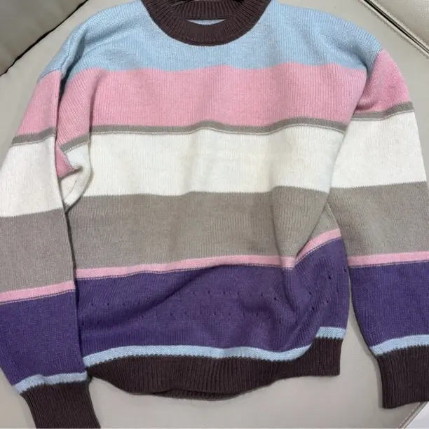 彩虹条纹慵懒风针织衫女秋冬宽松套头毛衣软糯撞色条纹打底上衣