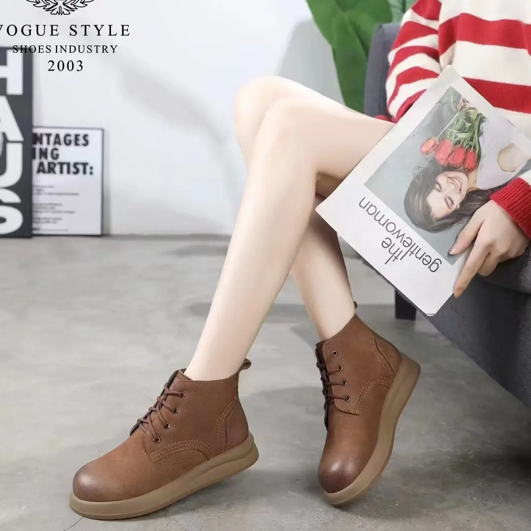 96A6520加绒厚底马丁靴女英伦风复古圆头系带软底百搭休闲短靴
