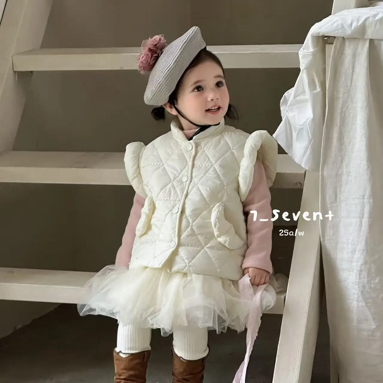 7seven 在仓 生日裙两件套，女童粉色加绒甜美纱裙马甲套装