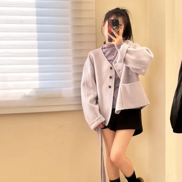小个子短款V领小香风紫色双面羊绒大衣女秋冬毛呢外套