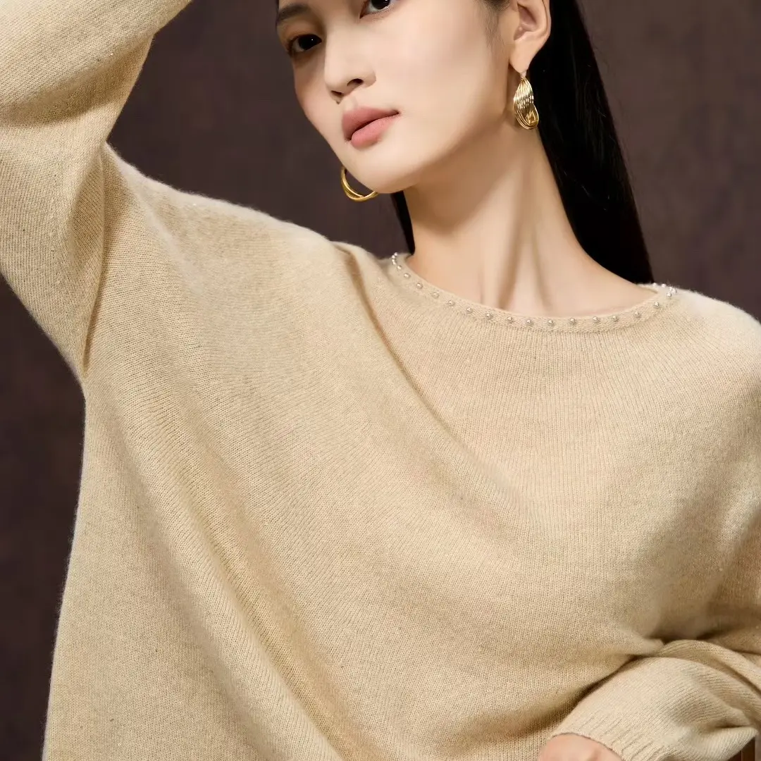 纯色宽松版羊绒衫短款女圆领羊绒衫打底衫秋冬上衣女士