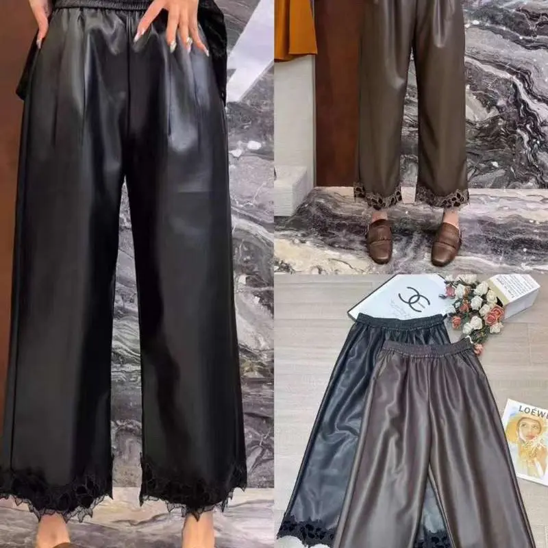 秋季新款拼接蕾丝花边宽松松紧腰阔腿皮裤九分裤