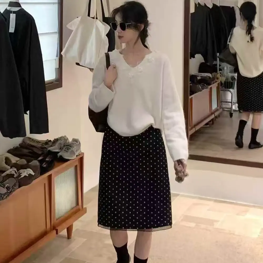 【周周家】6268#毛呢蕾丝拼接半裙