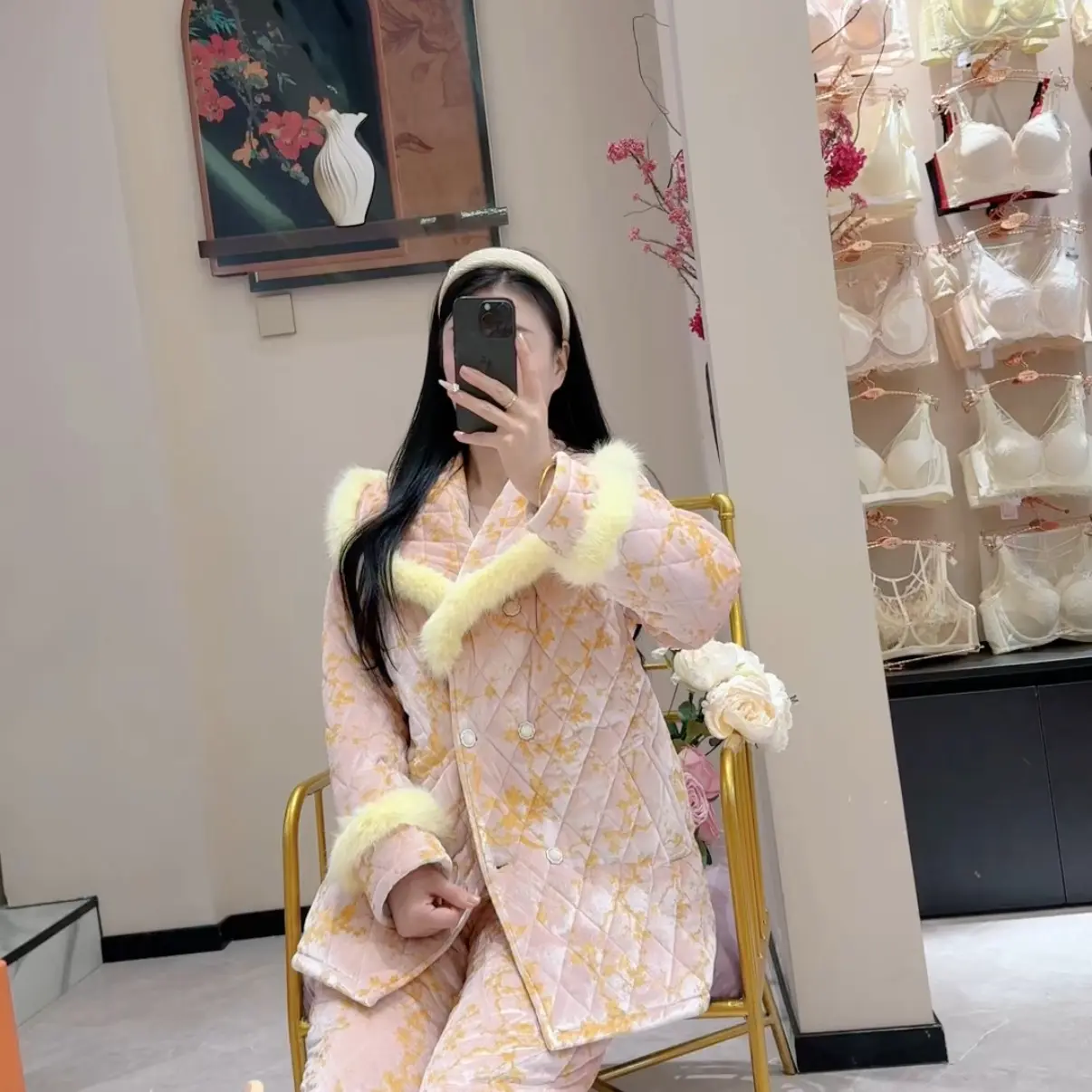 三层夹棉加厚金钻绒碎花中长款大毛领可外穿冬季女士家居服套装