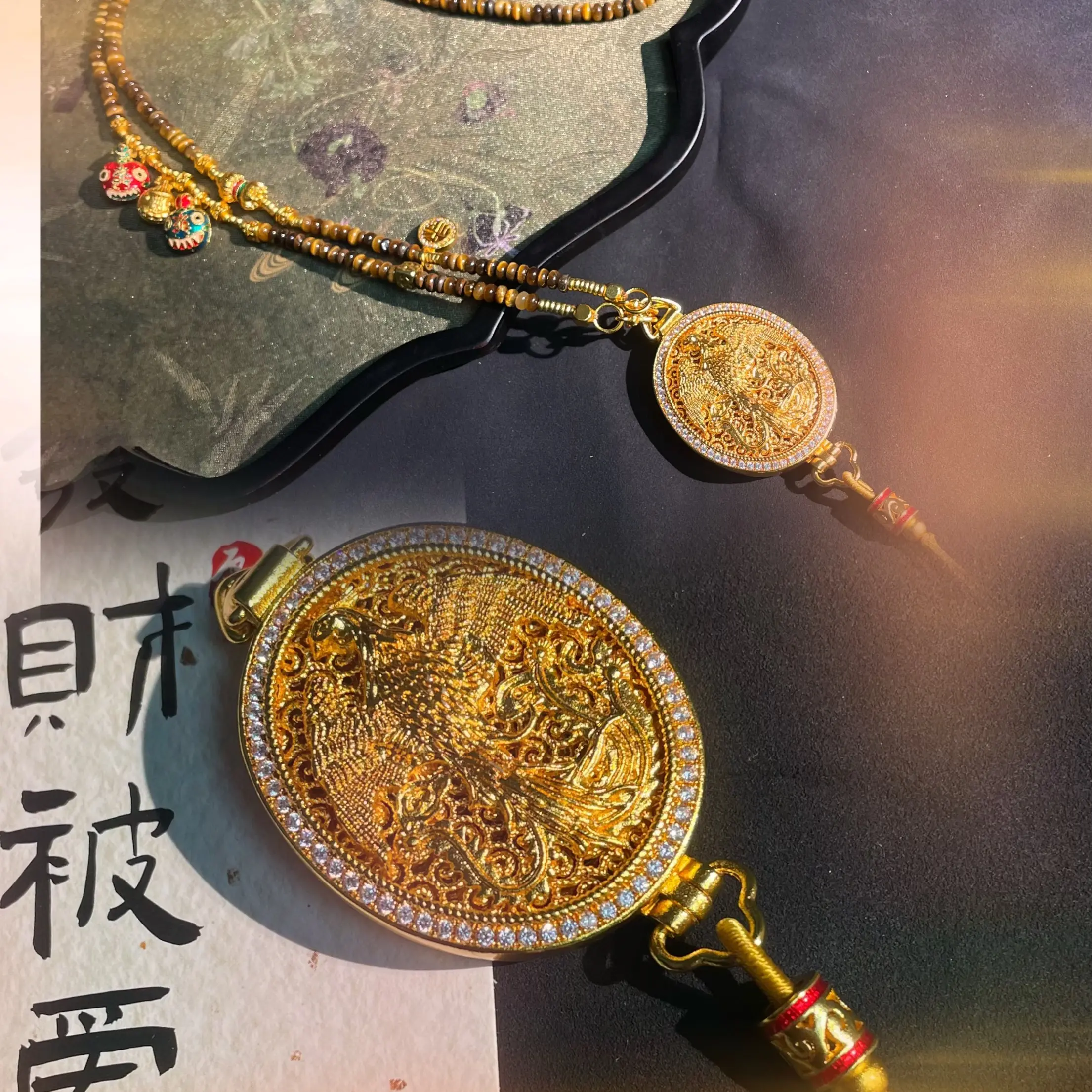 铜合金石英石项链 新中式国风毛衣链中长款毛衣链凤凰吊坠长款