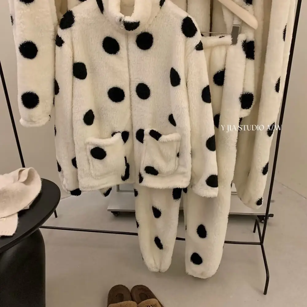 冬季时尚波点加绒加厚可外穿睡衣家居服套装