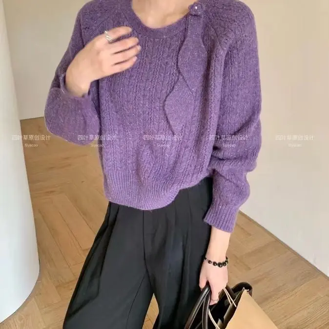 大美小美 圆领长袖亮丝针织衫女秋冬宽松慵懒显瘦百搭设计感上衣