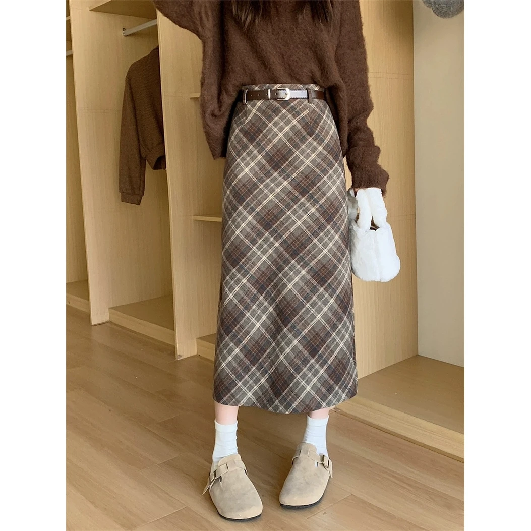 复古格子毛呢半身裙女秋冬季新款高腰显瘦开叉A字包臀中长裙子ins