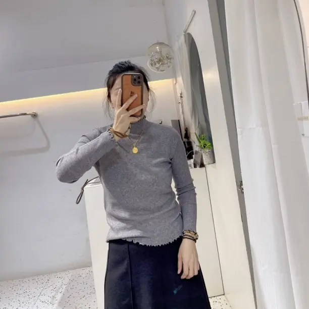 软糯花边半高领小羊毛针织打底衫韩系温柔风修身内搭27720